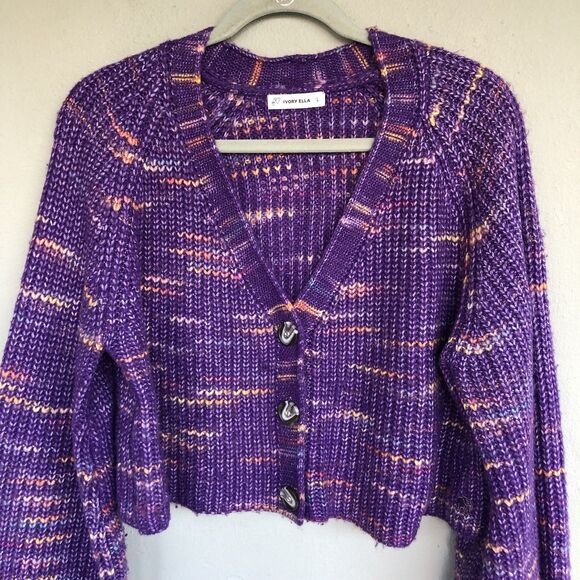 Ivory Ella Oversized Cropped Cardigan Sweater Women's L Purple Chunky Cozycore - Picture 2 of 11